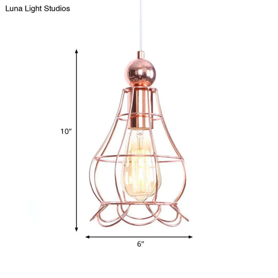 Rose Gold Caged Pendant Lamp - Loft Style Hanging Light With Adjustable Cord