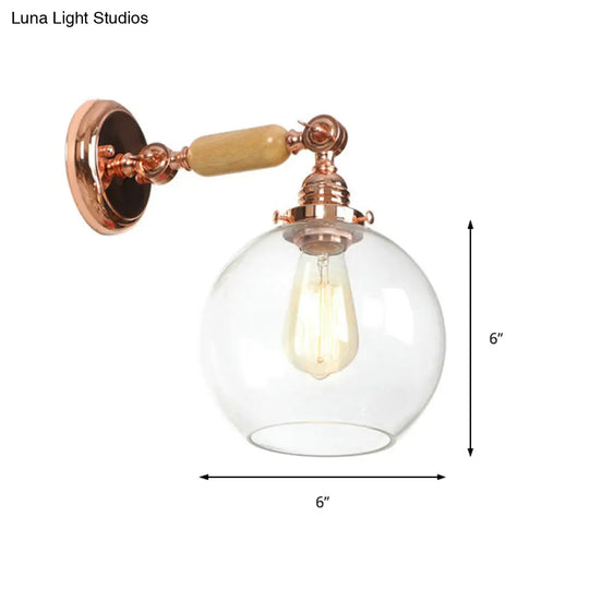 Rose Gold Clear Glass Wall Mounted Sconce Light - Orb Shade Industrial Lamp Single Bulb For Living