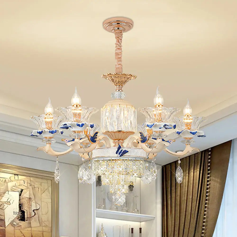 Rose Gold Crystal Chandelier Pendant - 6/8 Lights Modern Blooming Design For Bedroom Suspension