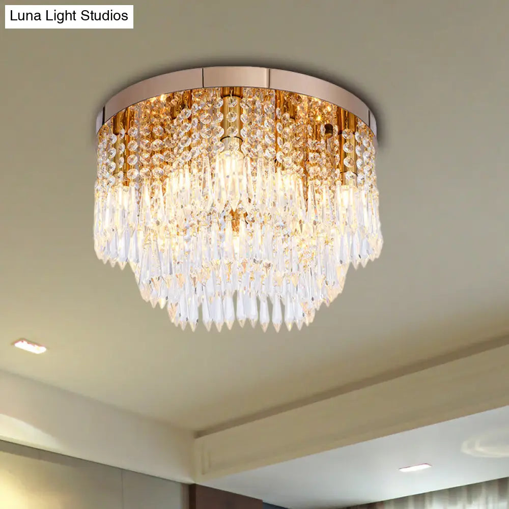 Rose Gold Crystal Waterfall Flush Lamp Modernist 10-Light Ceiling Mount For Living Rooms