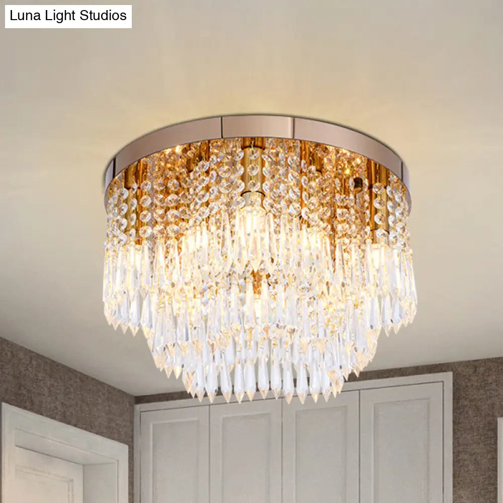 Rose Gold Crystal Waterfall Flush Lamp Modernist 10-Light Ceiling Mount For Living Rooms