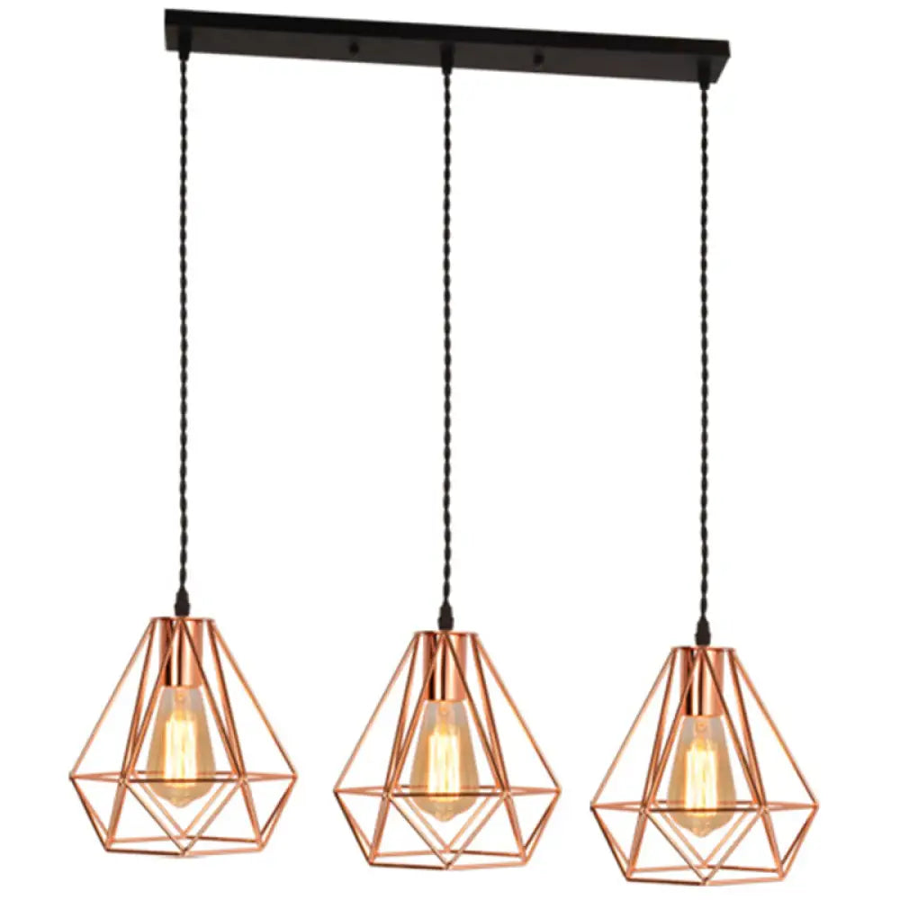 Rose Gold Diamond Iron Cluster Pendant - Post-Modern Restaurant Hanging Lamp / Linear