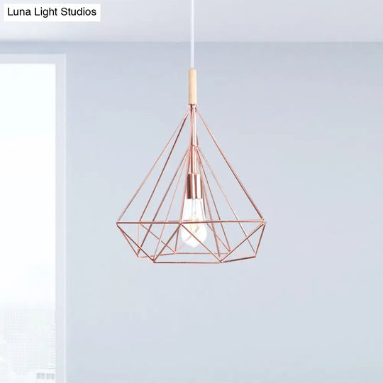 Nordic Industrial Rose Gold Diamond Metal Cage Pendant Light - 1 Ceiling Hanging Fixture