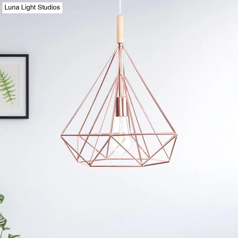 Rose Gold Diamond Metal Cage Pendant Light - Nordic Industrial Ceiling Hanging Lamp