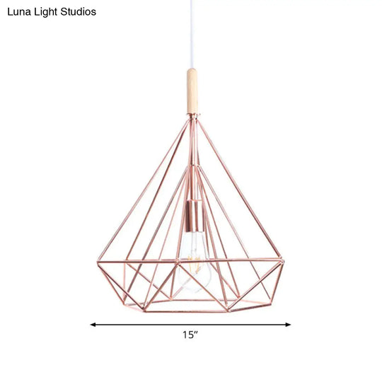 Nordic Industrial Rose Gold Diamond Metal Cage Pendant Light - 1 Ceiling Hanging Fixture