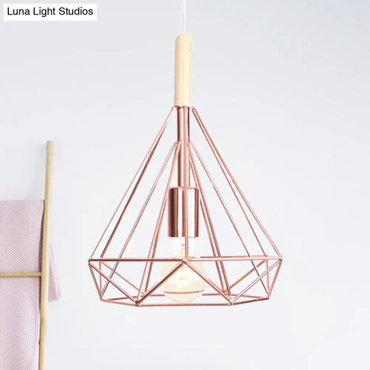 Nordic Industrial Rose Gold Diamond Metal Cage Pendant Light - 1 Ceiling Hanging Fixture / Small