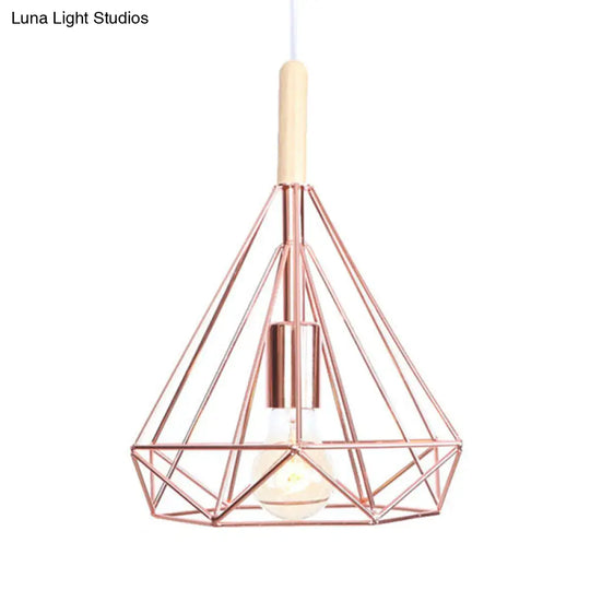 Rose Gold Diamond Metal Cage Pendant Light - Nordic Industrial Ceiling Hanging Lamp