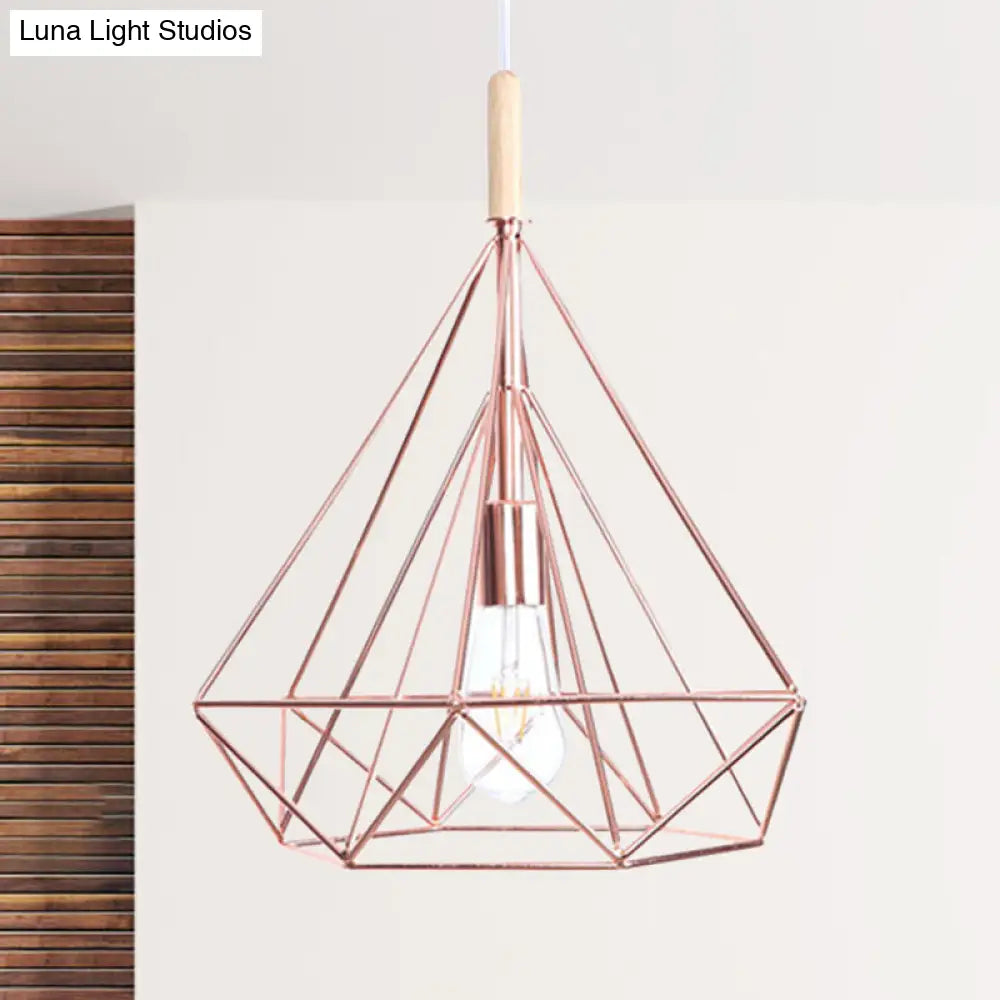 Nordic Industrial Rose Gold Diamond Metal Cage Pendant Light - 1 Ceiling Hanging Fixture / Large