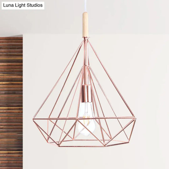 Nordic Industrial Rose Gold Diamond Metal Cage Pendant Light - 1 Ceiling Hanging Fixture / Large