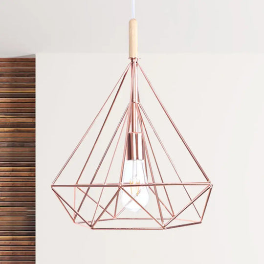 Rose Gold Diamond Metal Cage Pendant Light - Nordic Industrial Ceiling Hanging Lamp / Large