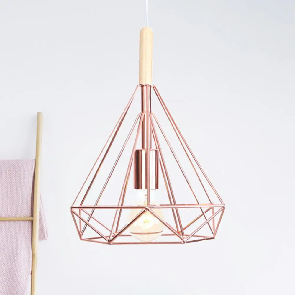 Rose Gold Diamond Metal Cage Pendant Light - Nordic Industrial Ceiling Hanging Lamp / Small