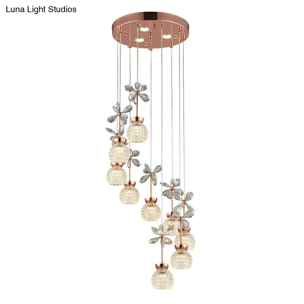 Rose Gold Floral Staircase Led Pendant With Crystal Dome Shade