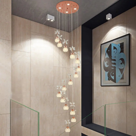 Rose Gold Floral Staircase Multi-Light Pendant With Led Dome Shade 15 / White