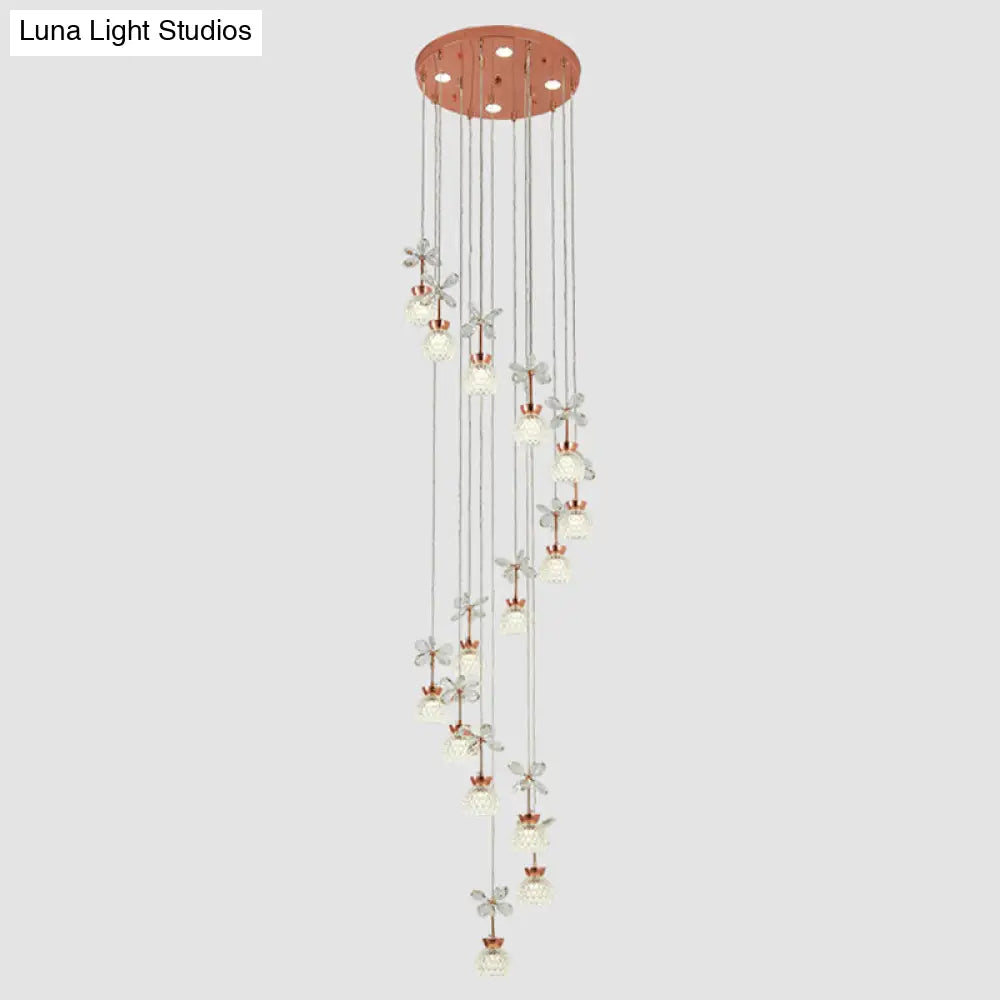 Rose Gold Floral Staircase Led Pendant With Crystal Dome Shade