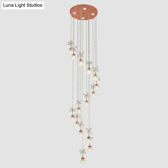 Rose Gold Floral Staircase Led Pendant With Crystal Dome Shade