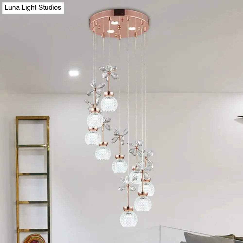 Rose Gold Floral Staircase Led Pendant With Crystal Dome Shade