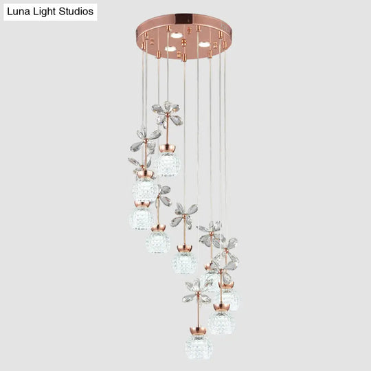 Rose Gold Floral Staircase Multi-Light Pendant With Led Dome Shade