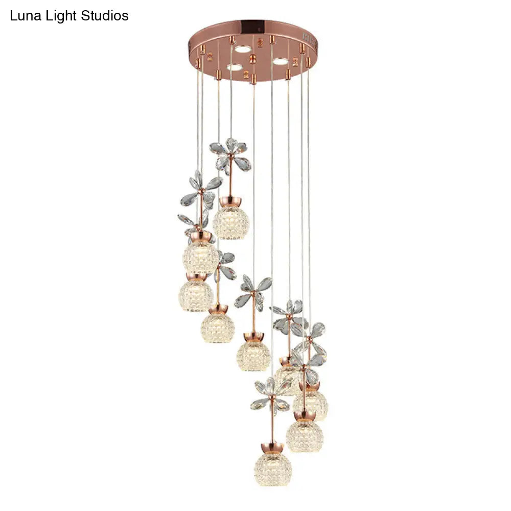 Rose Gold Floral Staircase Multi-Light Pendant With Led Dome Shade