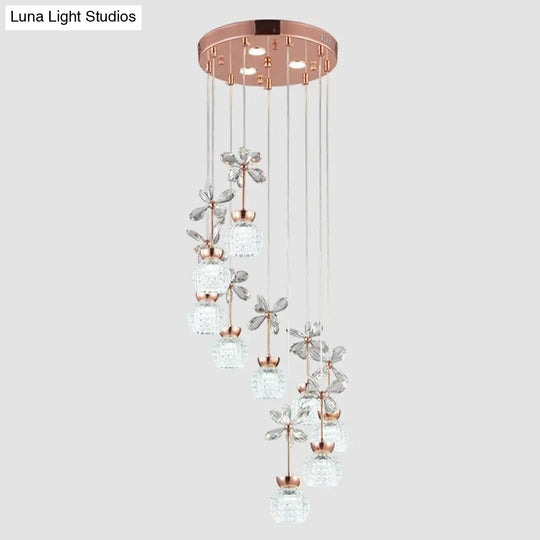 Rose Gold Floral Staircase Led Pendant With Crystal Dome Shade