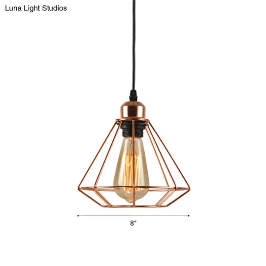 Rose Gold Geometric Cage Ceiling Light - Loft Industrial Pendant Lighting For Bedroom