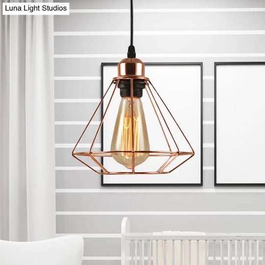 Rose Gold Geometric Cage Ceiling Light - Loft Industrial Pendant Lighting For Bedroom