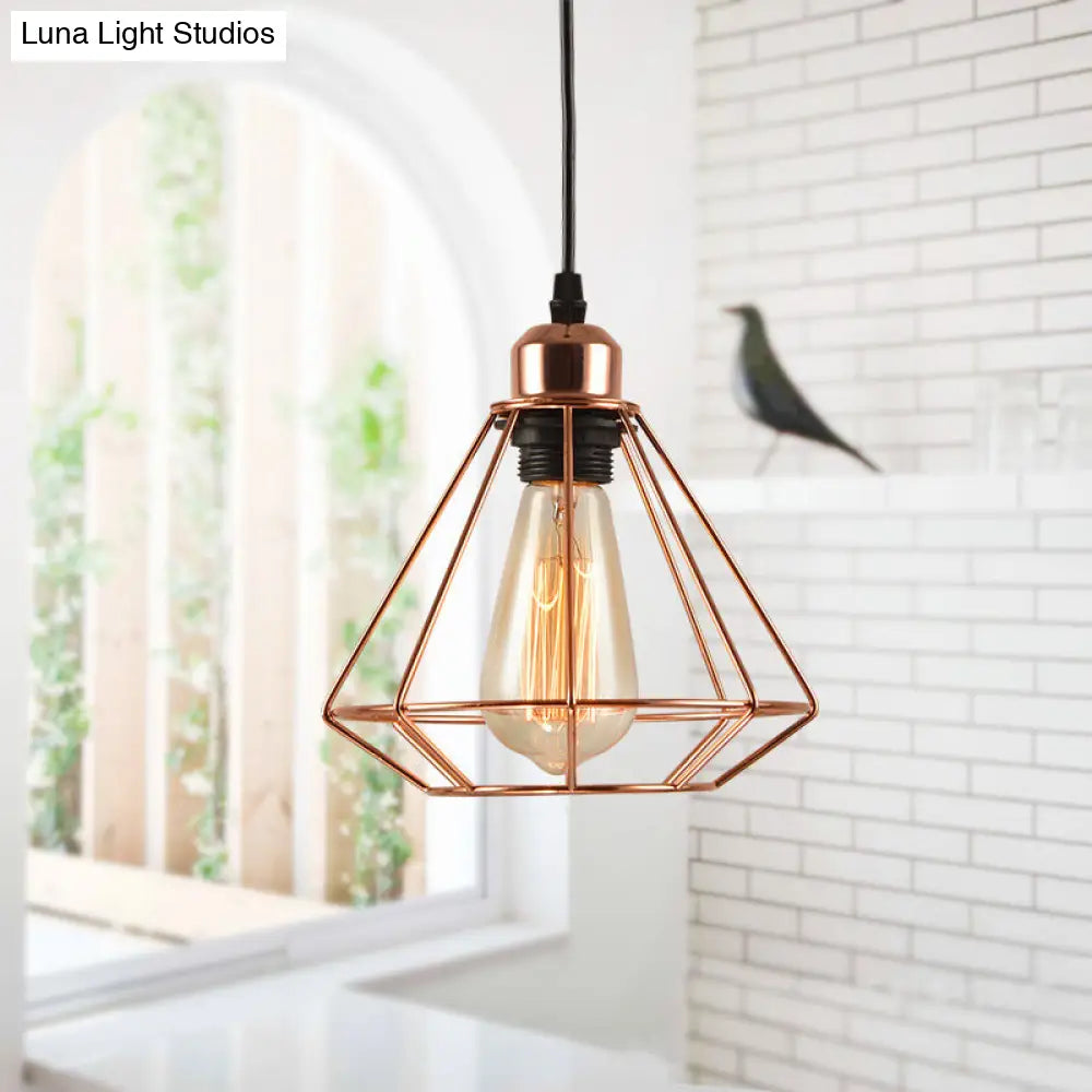 Rose Gold Geometric Cage Ceiling Light - Loft Industrial Pendant Lighting For Bedroom