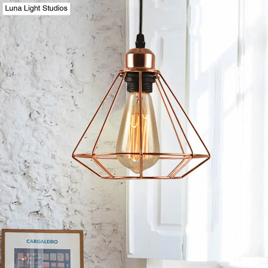 Rose Gold Geometric Cage Ceiling Light - Loft Industrial Pendant Lighting For Bedroom