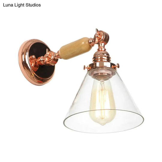 Rose Gold Industrial Cone Wall Sconce With Clear Glass - 1 Bulb Lighting Fixture