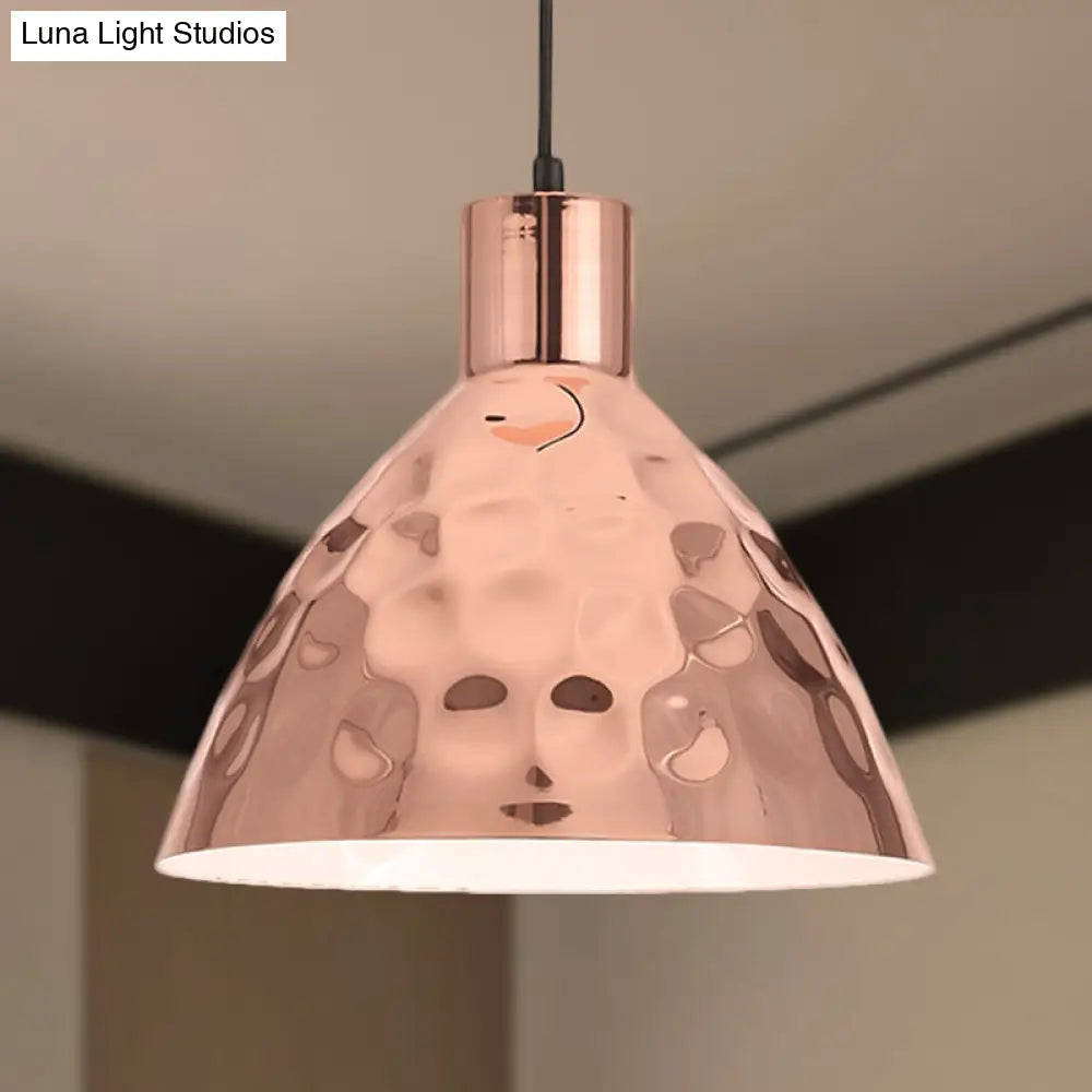 Rose Gold Industrial Pendant Light With Dimpled Conic Metal Design And Hanging Cord