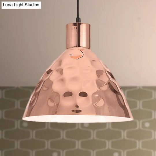 Rose Gold Industrial Pendant Light With Dimpled Conic Metal Design And Hanging Cord