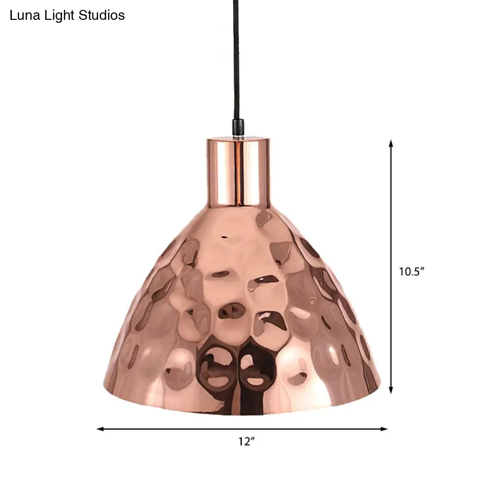 Rose Gold Dimpled Conic Metal Pendant Lamp - Industrial Style For Restaurants 1 Light Suspended With