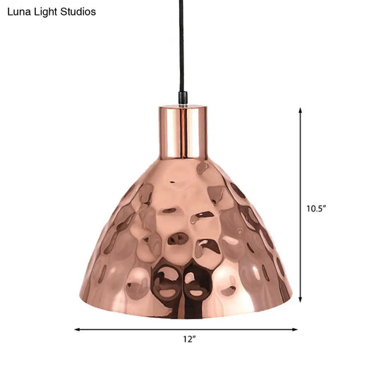 Rose Gold Dimpled Conic Metal Pendant Lamp - Industrial Style For Restaurants 1 Light Suspended With