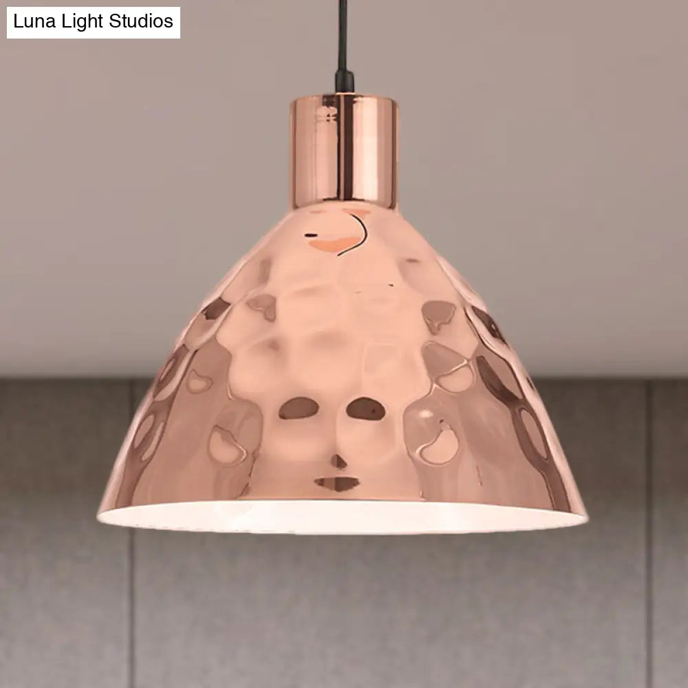 Rose Gold Dimpled Conic Metal Pendant Lamp - Industrial Style For Restaurants 1 Light Suspended With