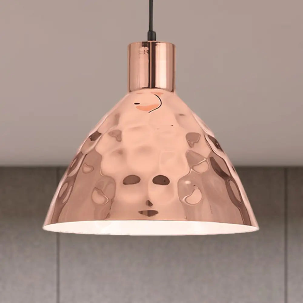 Rose Gold Industrial Pendant Light With Dimpled Conic Metal Design And Hanging Cord