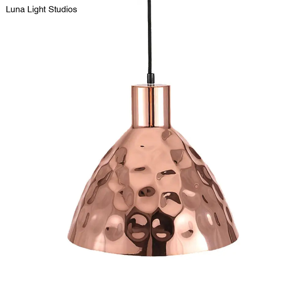 Rose Gold Industrial Pendant Light With Dimpled Conic Metal Design And Hanging Cord