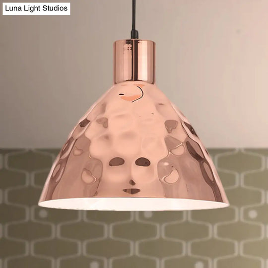 Rose Gold Dimpled Conic Metal Pendant Lamp - Industrial Style For Restaurants 1 Light Suspended With