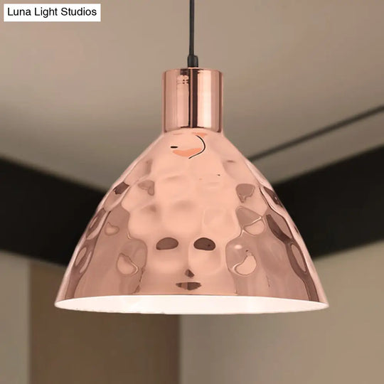 Rose Gold Dimpled Conic Metal Pendant Lamp - Industrial Style For Restaurants 1 Light Suspended With