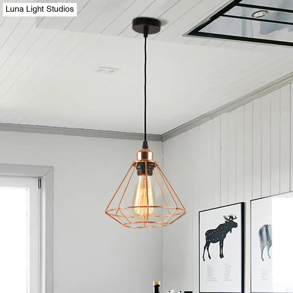 Rose Gold Iron Diamond Cage Pendant Lamp - Industrial Ceiling Light With 1-Bulb