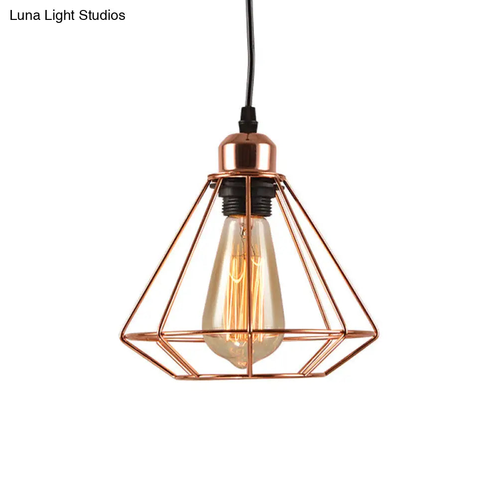 Rose Gold Diamond Cage Industrial Pendant Lamp - Iron Suspension Light 1-Bulb Ceiling Fixture