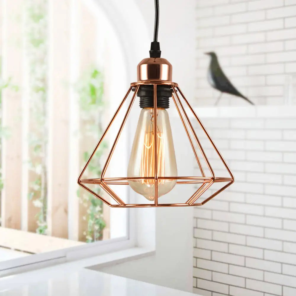 Rose Gold Iron Diamond Cage Pendant Lamp - Industrial Ceiling Light With 1-Bulb