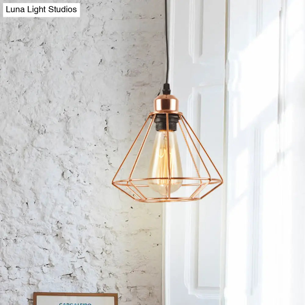 Rose Gold Iron Diamond Cage Pendant Lamp - Industrial Ceiling Light With 1-Bulb