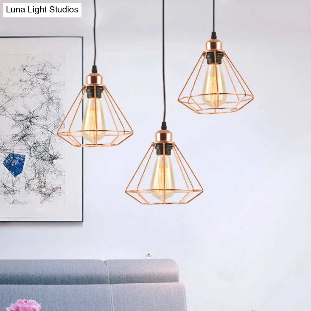 Rose Gold Iron Loft Style Dining Room Ceiling Lamp With Diamond Cage - 3 Heads Multi Hanging