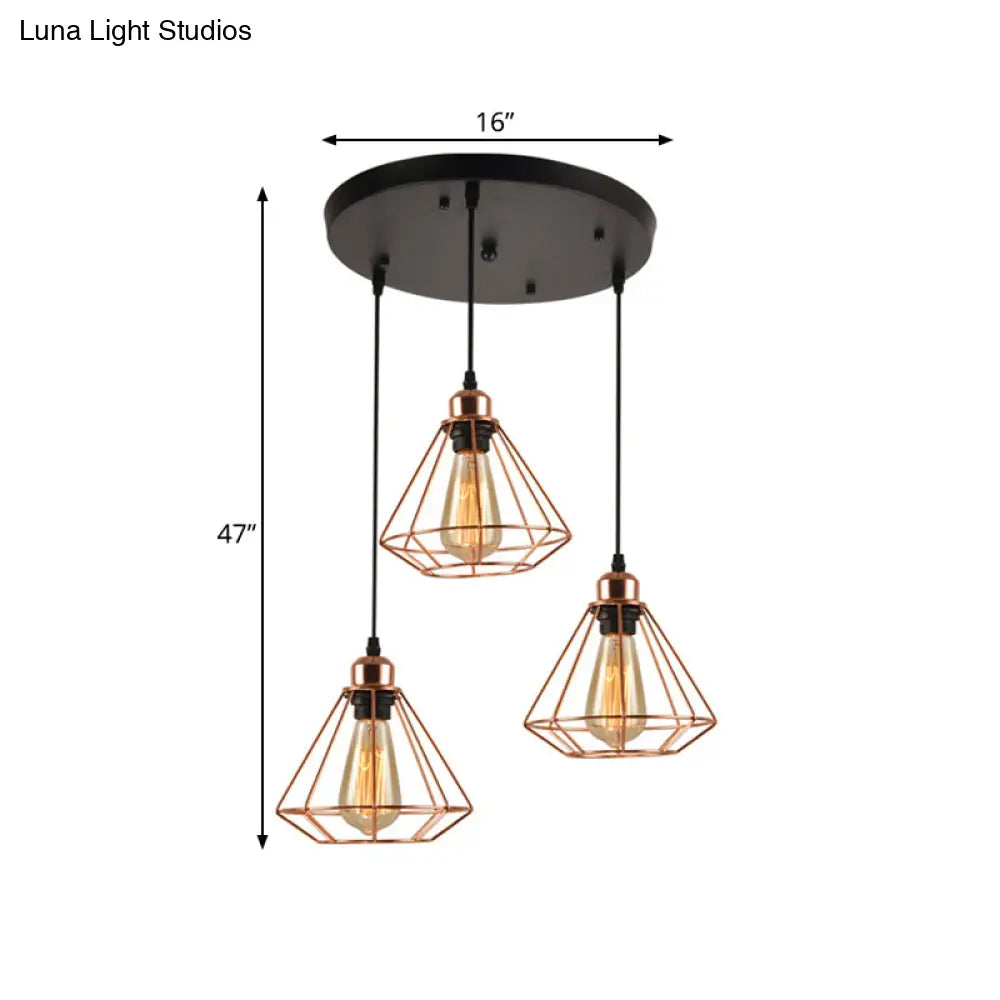 Rose Gold Iron Loft Style Dining Room Ceiling Lamp With Diamond Cage - 3 Heads Multi Hanging