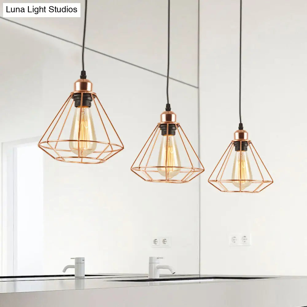 Rose Gold Loft Style Dining Room Ceiling Lamp With Multi Hanging Lights Diamond Cage And Canopy /