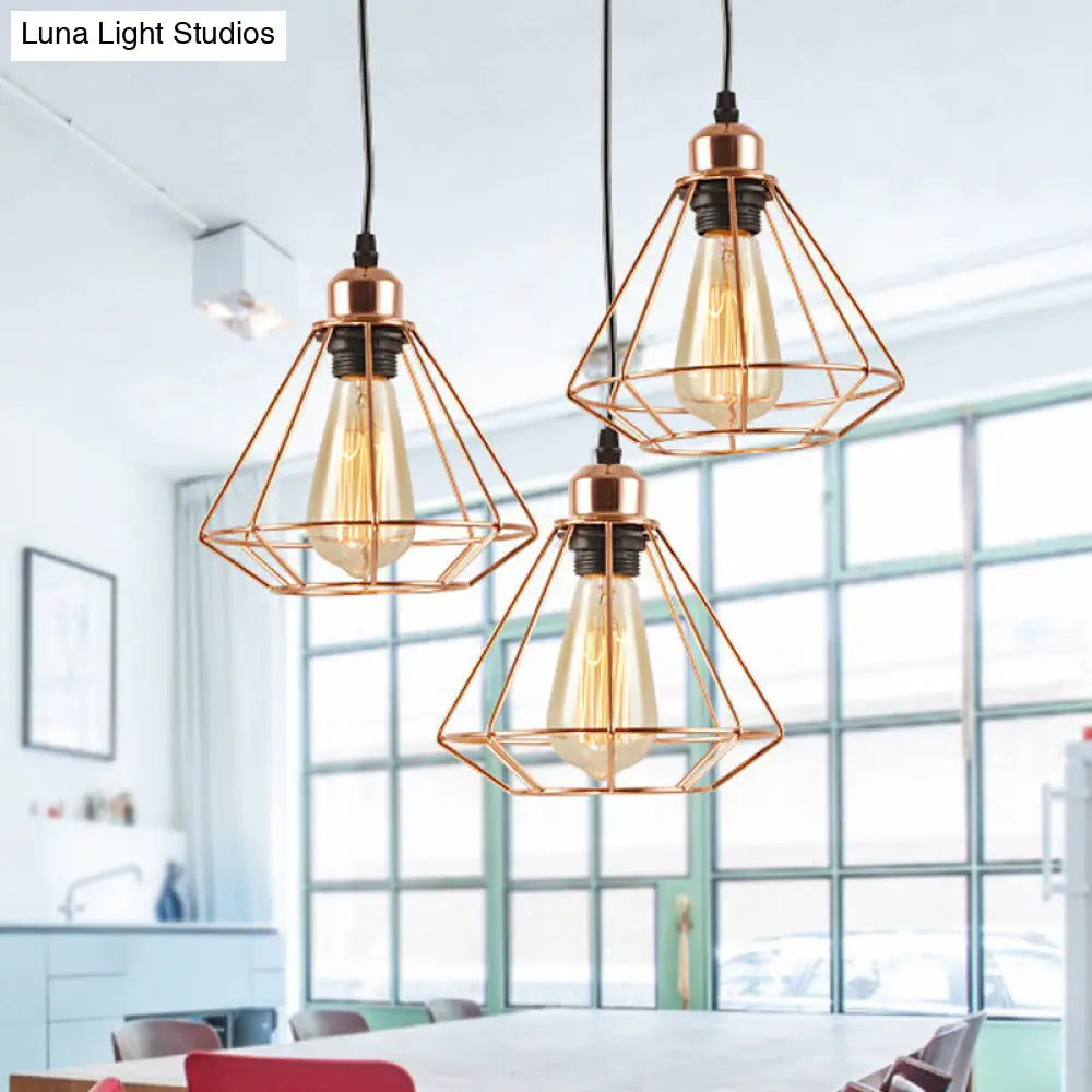 Rose Gold Loft Style Dining Room Ceiling Lamp With Multi Hanging Lights Diamond Cage And Canopy