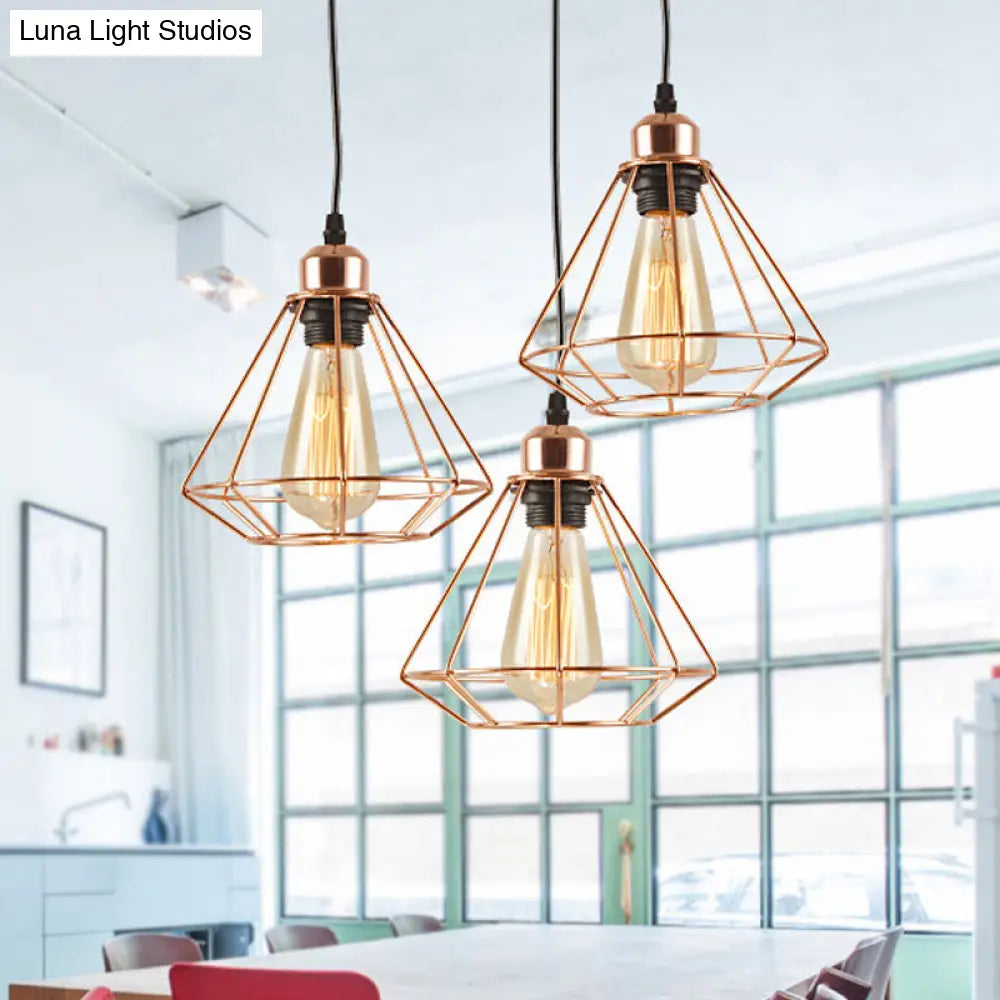 Rose Gold Iron Loft Style Dining Room Ceiling Lamp With Diamond Cage - 3 Heads Multi Hanging