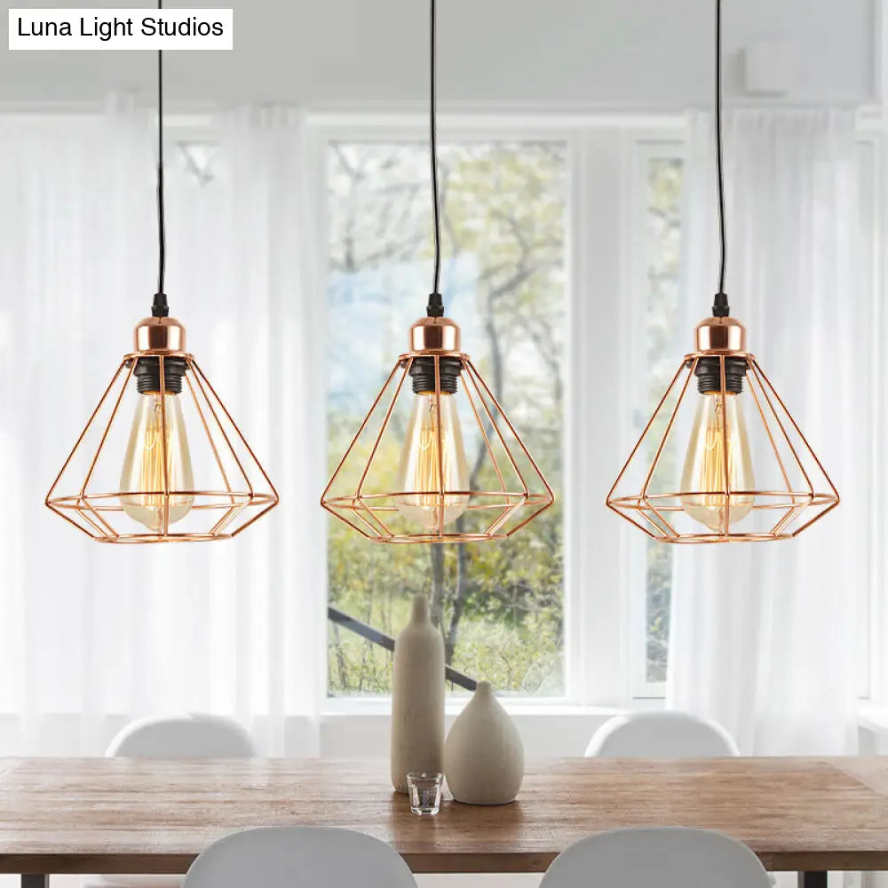 Rose Gold Loft Style Dining Room Ceiling Lamp With Multi Hanging Lights Diamond Cage And Canopy