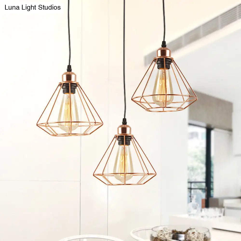 Rose Gold Loft Style Dining Room Ceiling Lamp With Multi Hanging Lights Diamond Cage And Canopy /