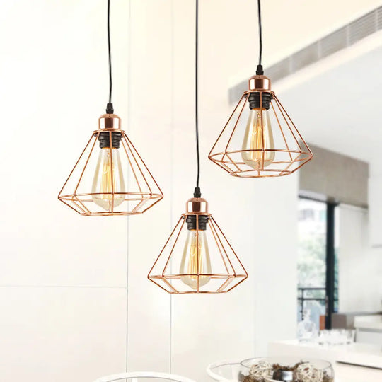 Rose Gold Iron Loft Style Dining Room Ceiling Lamp With Diamond Cage - 3 Heads Multi Hanging