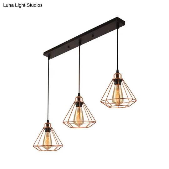 Rose Gold Loft Style Dining Room Ceiling Lamp With Multi Hanging Lights Diamond Cage And Canopy